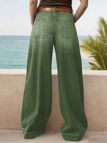 新款时尚女式宽松直筒弹力牛仔裤，休闲春季款 - 墨綠色 - 查看 3