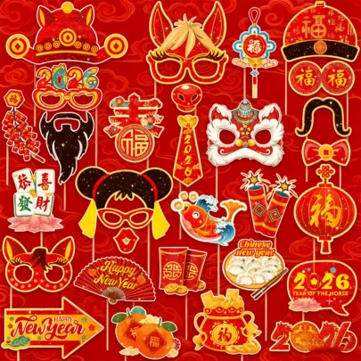 30件套 2026年中国新年马年装饰品及趣味拍照道具，新年除夕、新年派对拍照道具
