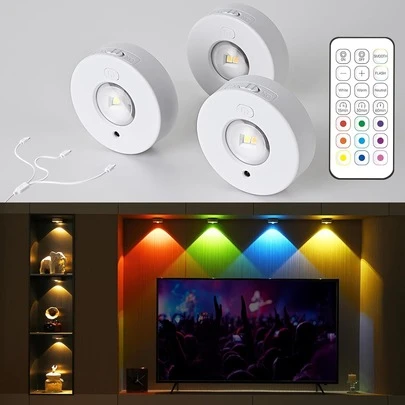 3pcs/Box Dimmable LED RGB Cabinet Lights With Remote Control, Battery Powered, Magnetic Embedded Design, Suitable For Kitchen Cabinet, Warm White, Daylight, Cool White + RGB