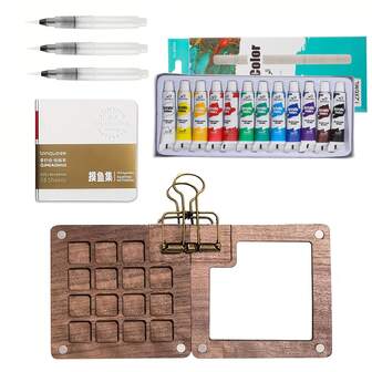 Conjunto de pintura acrílica em miniatura com 7 peças, incluindo uma paleta com 8 cavidades, uma paleta portátil com 12 cores, um caderno de aquarela, pincéis e prendedores. Ideal para pintores, artistas e estudantes.