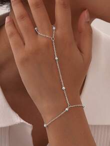 1 pieza Anillo de dedo con cadena de perlas de moda, pulsera delicada adecuada para el uso diario de las mujeres (cantidad de cuentas al azar) - Plateado - Ver 4