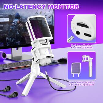  ZealSound USB电容游戏麦克风，配备炫彩RGB灯效 - 即插即用，适用于PC、手机和游戏主机 - 套装包含Type-C适配器、静音按钮、三脚架、防喷罩和防震架 - 非常适合Discord/Zoom/游戏录音