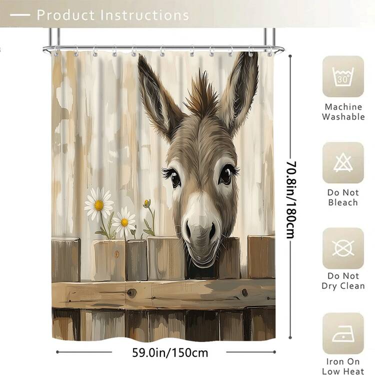 1/3/4pcs Cute Donkey Shower Curtain Bathroom Sets,Wooden Fence & Daisy Print Waterproof And Wear-Resistant Accessories,With 12 Hooks - Includes Toilet Seat Cover, Bath Mats, And Rugs - Plastic Fabric - Washable,Mildew-Resistant - Perfect For Holiday Decor,Home/Bedroom/House/Western/Spring Decor, - Multicolor - View 19