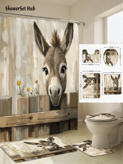 1/3/4pcs Cute Donkey Shower Curtain Bathroom Sets,Wooden Fence & Daisy Print Waterproof And Wear-Resistant Accessories,With 12 Hooks - Includes Toilet Seat Cover, Bath Mats, And Rugs - Plastic Fabric - Washable,Mildew-Resistant - Perfect For Holiday Decor,Home/Bedroom/House/Western/Spring Decor,