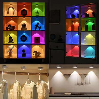 3pcs/Box Wireless RGB Cabinet Lights With Remote Control, Rechargeable Puck Lights, Dimmable Magnetic Stick-On LED Touch Lights, Suitable For Wardrobe, Bookshelf And Other Storage Racks