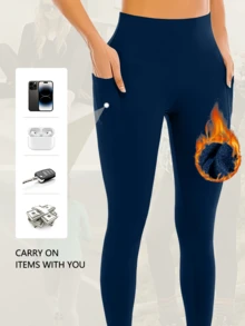 1 Pack Women Winter Fleece Lined Yoga Leggings, High Waist Tummy Control Hip Lift Pants W/ Side Phone Pockets, Soft Warm Stretch Outer Wear Pants - Navy Blue - View 4