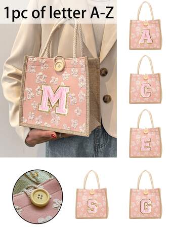 1 Pc Towel Embroidered Initials Pattern Handbag, Small Floral Linen Button Decorative Handbag, Flower Printed Linen Handbag, Simple Handbag, Portable Casual Storage Tote Bag, Lunch Bag, Large Capacity Handbag, Fashionable Travel Storage Bag, Multifunctional Shopping Bag, For Holiday Gift, Birthday Gift, Christmas Gift, Autumn And Winter Gift, New Year, Valentine'S Day Gift