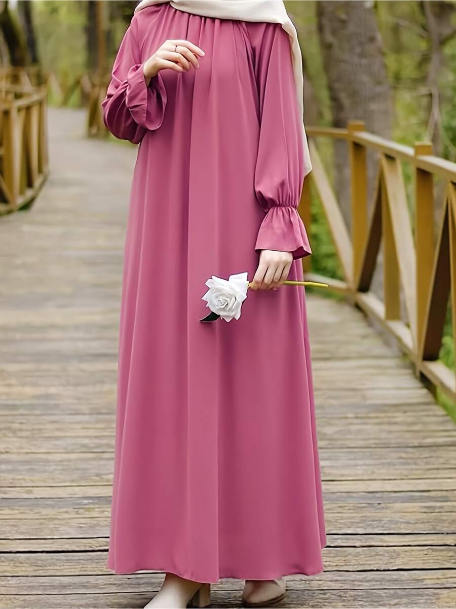 A Casual Pink Dress For Daily Use, With Loose Long Sleeves And No Headscarf, Made Of Draping Fabric, Creates A Retro And Elegant Style Dress - Pink - View 1