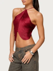 Women Y2K Halter Irregular Tassel Ruched Crop Top Criss Cross Back Tie Sleeveless Going Out Party Club Top - Đỏ - Xem 3