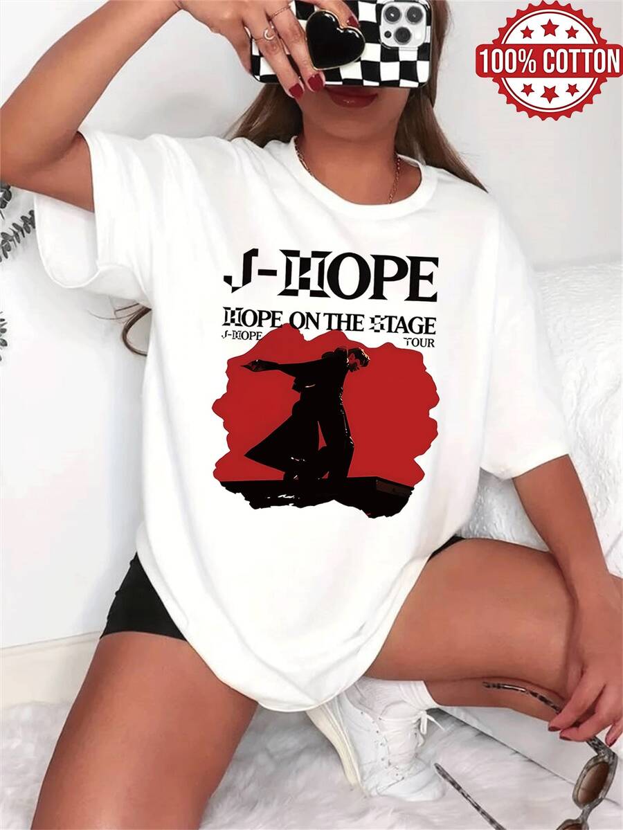 1PC 100% Cotton JHope On The Stage Tour Print Women's Crewneck Tshirt, Casual Daily Wear, Perfect Holiday Gift, Birthday Gift, Suitable For Daily Wear. - Blanco - Ver 1