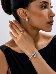 3 件套简约金属几何水滴形抛光女士手链、戒指、耳环首饰套装 - 金黃色 - 查看 2