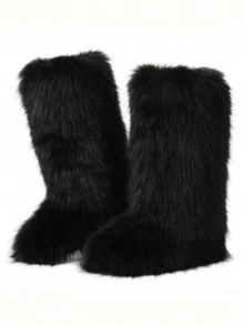 2025 Winter Knee High Boots Pull-On Faux Fur Boots Furry Fluffy Round Toe Fashion Boots For Women Suede Comfy Plush Warm Knee High Boots Outdoor Indoor Flat Shoes EdgyElongate Party Dressy Women Winter Autumn Fall Boots - Black - View 11