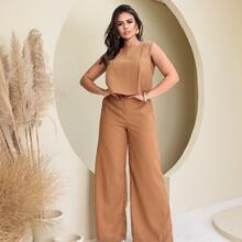 Stylish Women's Linen Pants And Blouse Set - Camel - Ver 2
