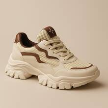 Women's Chunky Sneakers With Stylish, Non-Slip, Tractor Sole - Perfect For Everyday Wear - On  - Immediate Shipping - Trắng/Nâu - Xem 3