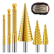 6件套钻头组，包括3种尺寸的阶梯钻头和3种尺寸的锯齿麻花钻头，适用于金属和木材钻孔