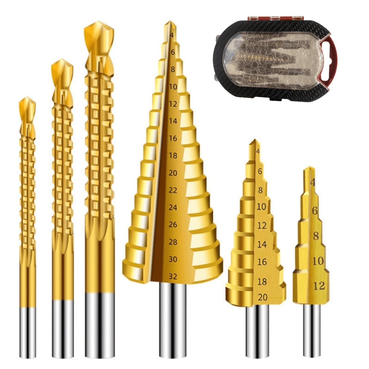 6件套钻头组，包括3种尺寸的阶梯钻头和3种尺寸的锯齿麻花钻头，适用于金属和木材钻孔
