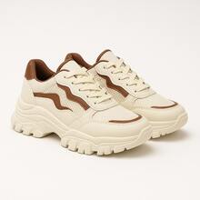 Women's Chunky Sneakers With Stylish, Non-Slip, Tractor Sole - Perfect For Everyday Wear - On  - Immediate Shipping - Trắng/Nâu - Xem 7