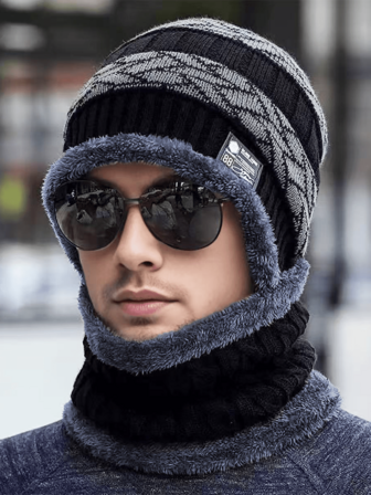 1 Set Men's Outdoor Solid Color Thermal Lined Knit Hat & Neck Warmer, Suitable For Outdoor Activities And Daily Use, Fashion Beanie, Ideal Gift (Hat And Scarf Fleece Color Random)