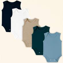 5-Piece Set Of Baby Tank Top Bodysuits, Plain Knit, 100% Cotton, Boys And Girls - 藍色 - 查看 1