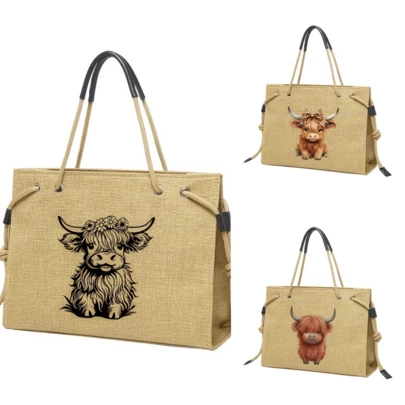 Cute Highland Cow Large Capacity Linen Tote Bag - Shoulder Bag, School Satchel, Gift Bag, Women's Lightweight Portable Shoulder Bag, Beach Bag, Fashion Laptop Bag, Essentials For Outings, Gift For Teachers, Female College Students, Teenagers, Nurses, Christmas Gift