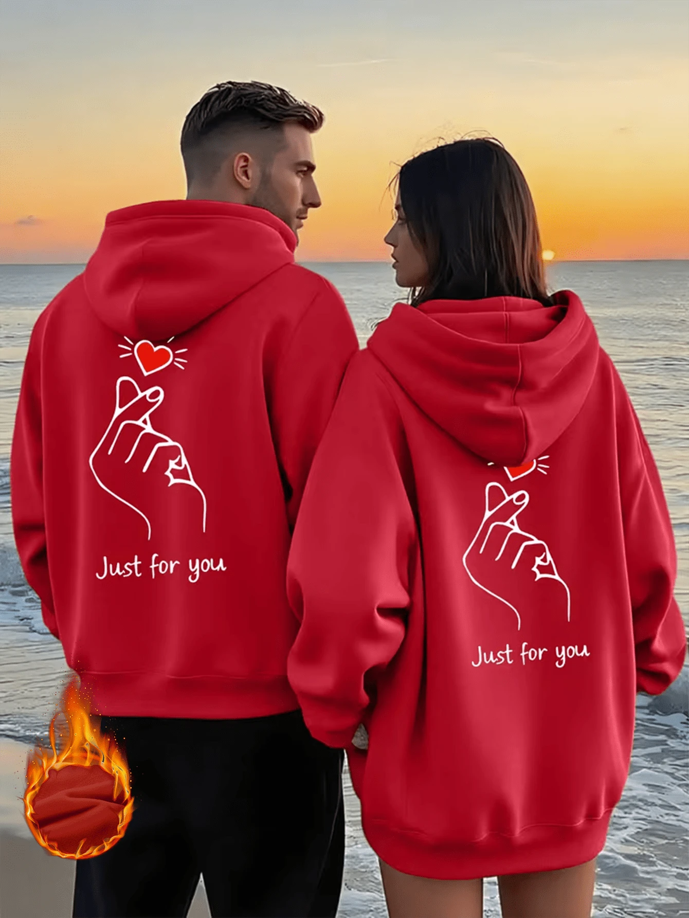 秋冬街头时尚情侣爱心印花抓绒连帽衫 | 领先时尚