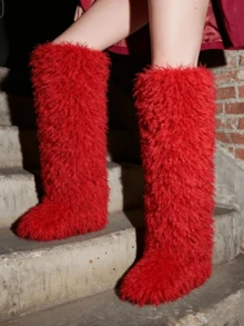 Luxury EdgyElongate Womens New Christmas Furry Fluffy Boots Over Knee Roud Toe Flat Sole Pull On WInter Fur Boots Outdoors Party Dressy Occasions Snow Shoes - Đỏ - Xem 6