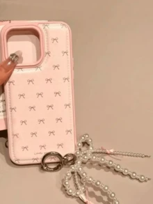奢华可爱蝴蝶结珍珠吊坠仿皮手机壳，兼容 17 Pro Max Air 16 15 14 13 Pro Max，哑光粉色清新保护套 - 粉色 - 查看 2