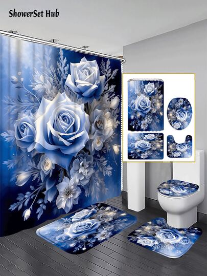 1/3/4pcs Navy & White Elegant Flower Print Shower Curtain Bathroom Sets, Luxury 3D Blue Rose Floral Waterproof And Wear-Resistant Accessories,With 12 Hooks - Includes Toilet Seat Cover, Bath Mats, And Rugs - Plastic Fabric - Washable,Mildew-Resistant - Perfect For Holiday Decor,Home/Bedroom/House/Western/Spring Decor,