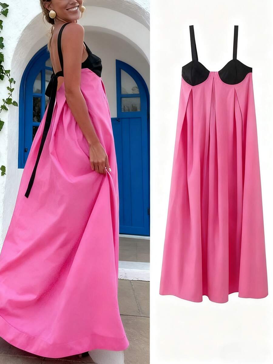 Đầm hai dây cỡ lớn, đầm nghỉ dưỡng thanh lịch, thiết kế không tay hở lưng phối màu đen hồng, đầm nghỉ hè thoải mái và sang trọng. - Hồng - Xem 1