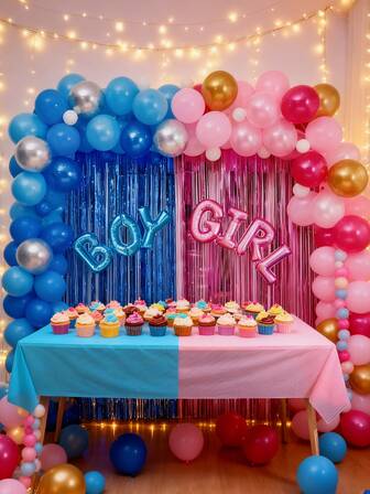 80个乳胶气球、桌布、彩带套装，蓝粉色系性别揭晓派对背景、桌面装饰、婴儿派对装饰