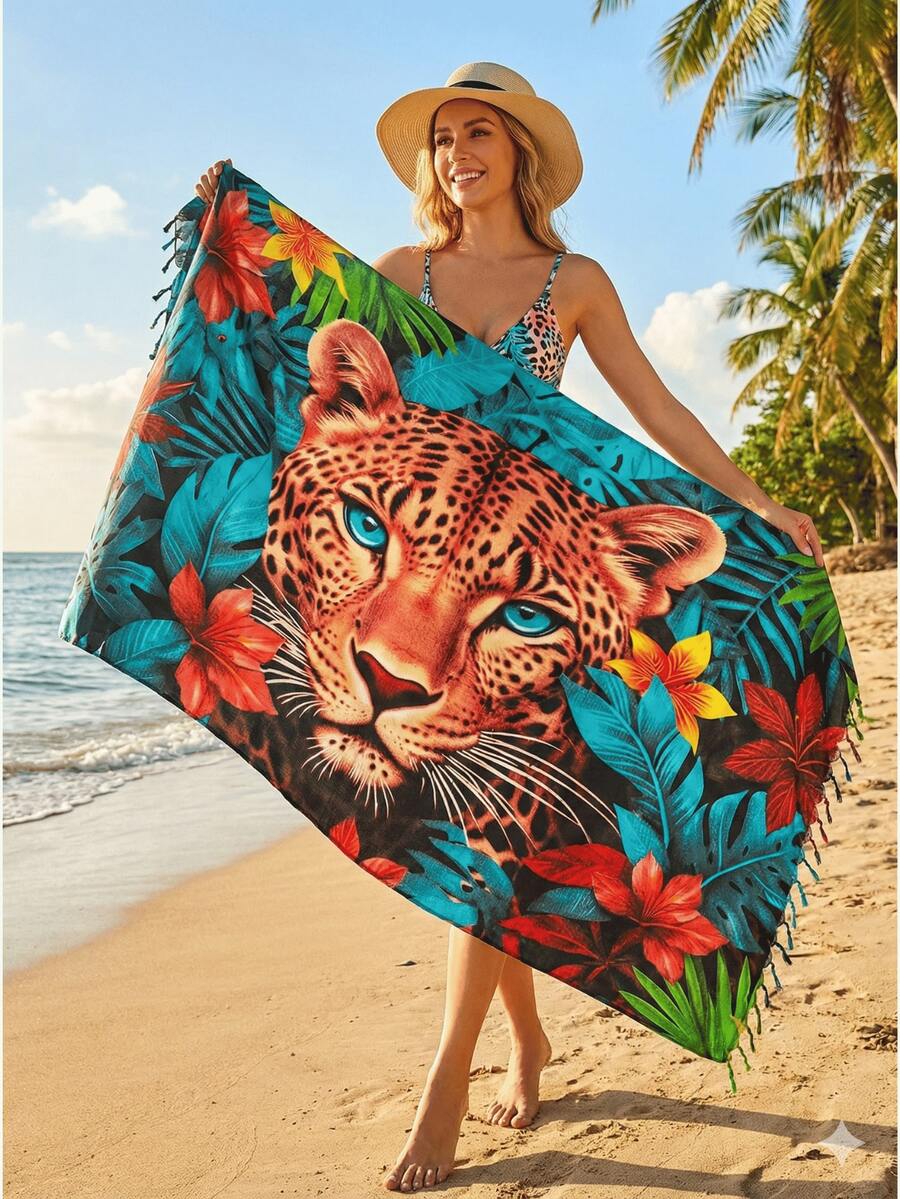 Large Women's Beach Sarong, Polyester, Leopard Print Pool Cover-Up - OUNCE - View 1