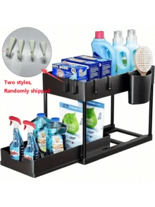 双层滑动抽屉收纳架，金属框架 - 黑/白塑料储物篮，适用于厨房调料、化妆品和配件，多功能浴室柜抽屉架，厨房收纳整理 | 时尚收纳方案 | 塑料篮，水槽整理和储物空间 | 厨房用品 | 厨房配件 | 厨房工具