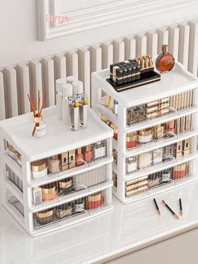 一款多功能多层桌面抽屉透明收纳盒，适合存放化妆品、办公用品、玩具、模型，也可作为展示柜、梳妆台、家具装饰等使用。