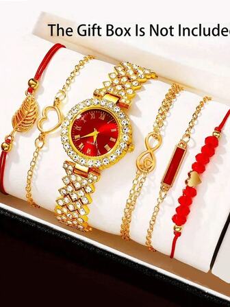 Set de 6 piezas de reloj de pulsera de mujer con números romanos de cuarzo con diamantes de imitación y pulsera