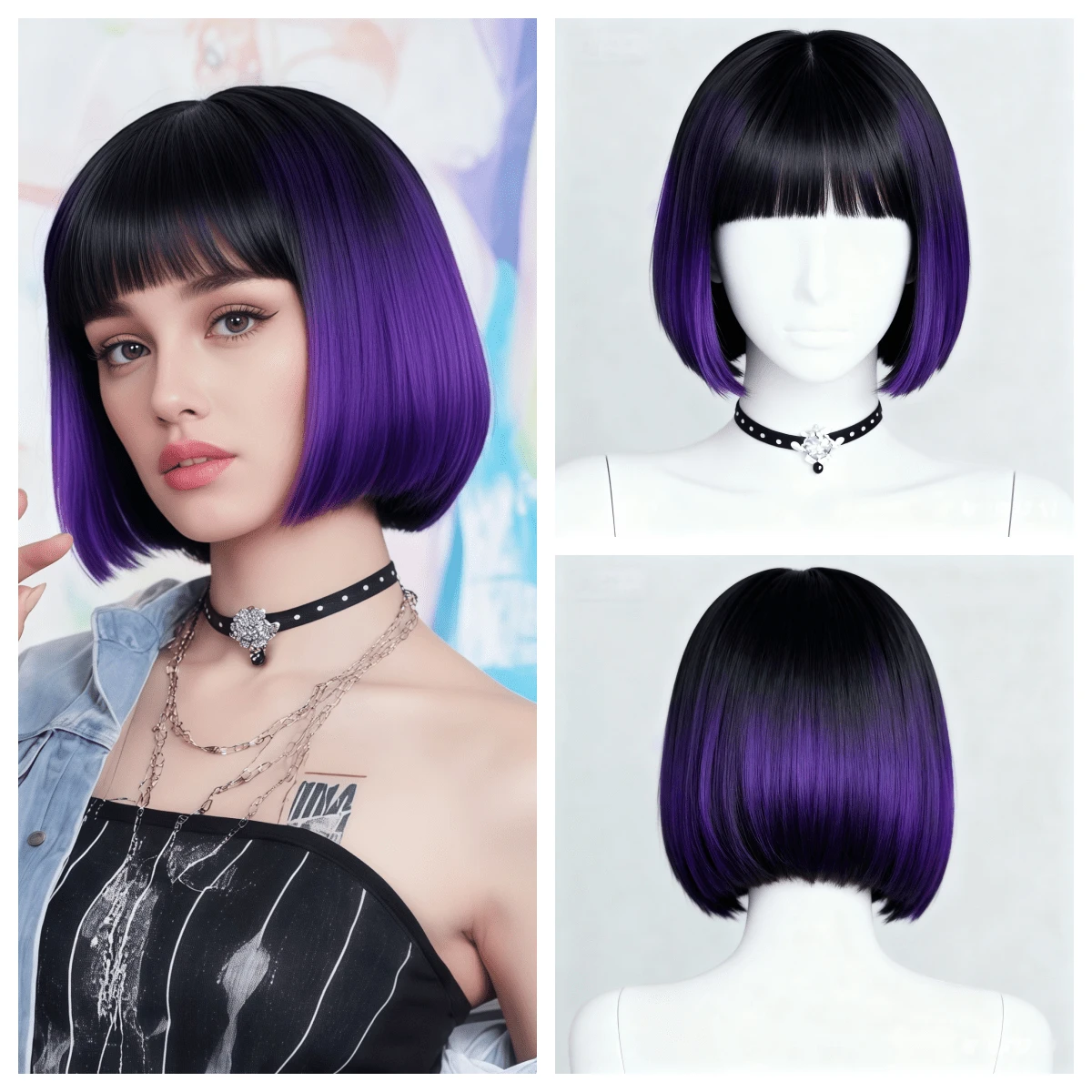 European And American Fashion Women's Middle-Parted Short Straight Purple Ombre Bobo Synthetic Hair Full Wig - Purple Gradient - View 1