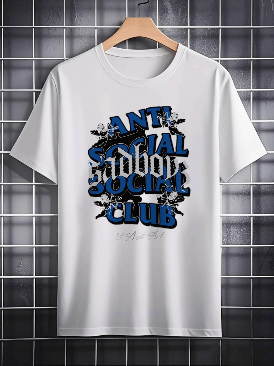 Graphic Features Bold Anti Social Club Lettering With Distressed Gothic Font Sadboy Text Surrounded By Playful Cherubs And Angelic Archery Theme Men's 100% Cotton Tshirt - 白色 - 查看 1