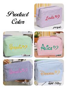 Custom Embroidery Name Makeup Bag, Personalized Bridesmaid Makeup Bag, Seersucker Cosmetic Bag, Large Capacity Cosmetic Bag, Striped Makeup Bag, Cosmetic Bags For Women, Customized Travel Cosmetic Bag, Customizable Toiletry Bag, Bridesmaid Gifts, Portable, Bedroom, Living Room, Valentine'S Day, Weddings, Family, Bride, Groom - Multicolor - View 4