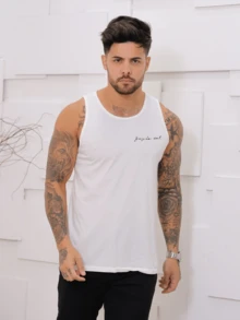 Men's Standard Sleeveless Printed Summer Tank Top With Washed Knit Stitching - White - View 2
