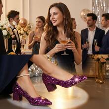 Elegant Middle-Heeled Evening Party Dress Shoes For Women, Pointed Toe, Chunky Heel, Sequin Embellishments,Wedding Purple - 紫色 - 查看 3
