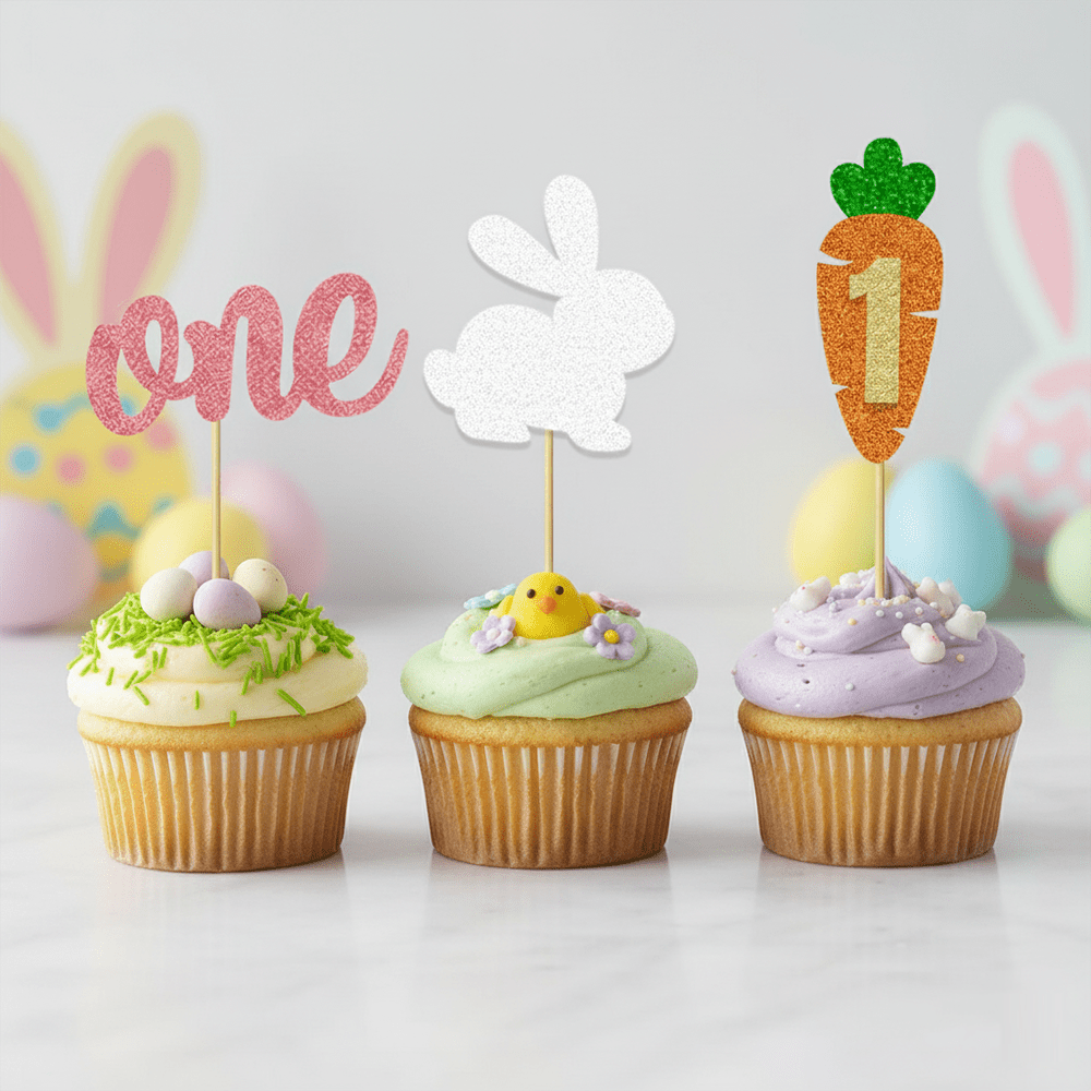 12/24Pcs Easter Bunny 1st Birthday Cupcake Toppers Set | Glitter "ONE" & Carrot Cake Picks | Spring First Party Decor Supplies