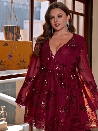 D&M 亮片刺绣性感深V长袖舞会晚礼服