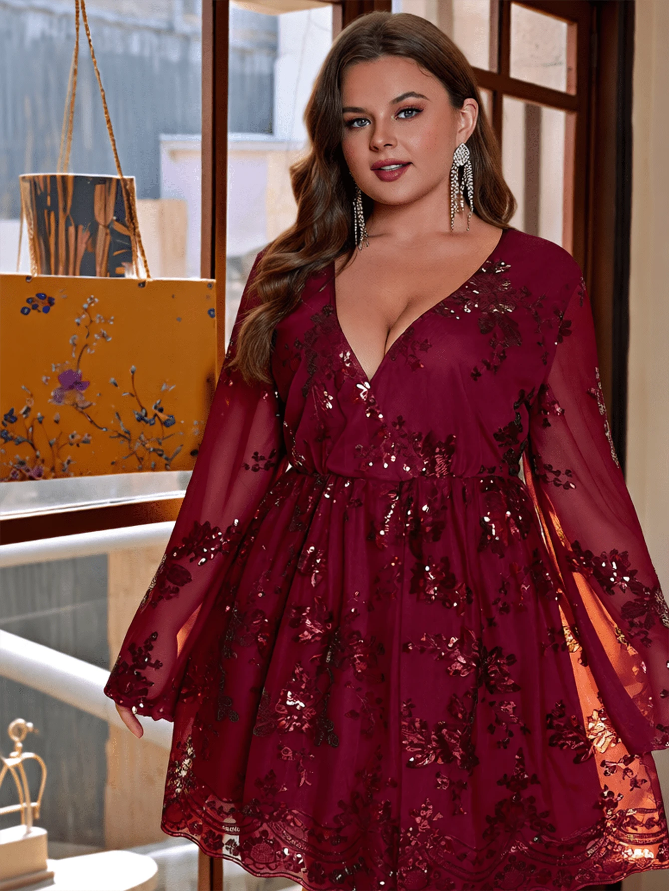 D&M 亮片刺绣性感深V长袖舞会晚礼服