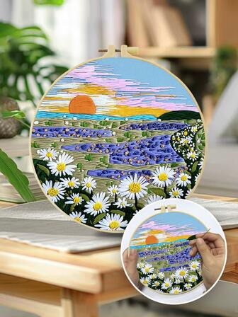 1 Piece Embroidery Kit, 15x15cm/5.9x5.9in--20x20cm/7.9x7.9 Inches, A Flower Sea Under The Sun, Handmade DIY Embroidery Kit Suitable For Adults And Beginners, Including User Manual, Printed Fabric, Embroidery Frame, Needles And Thread, A Christmas Gift For Family And Friends
