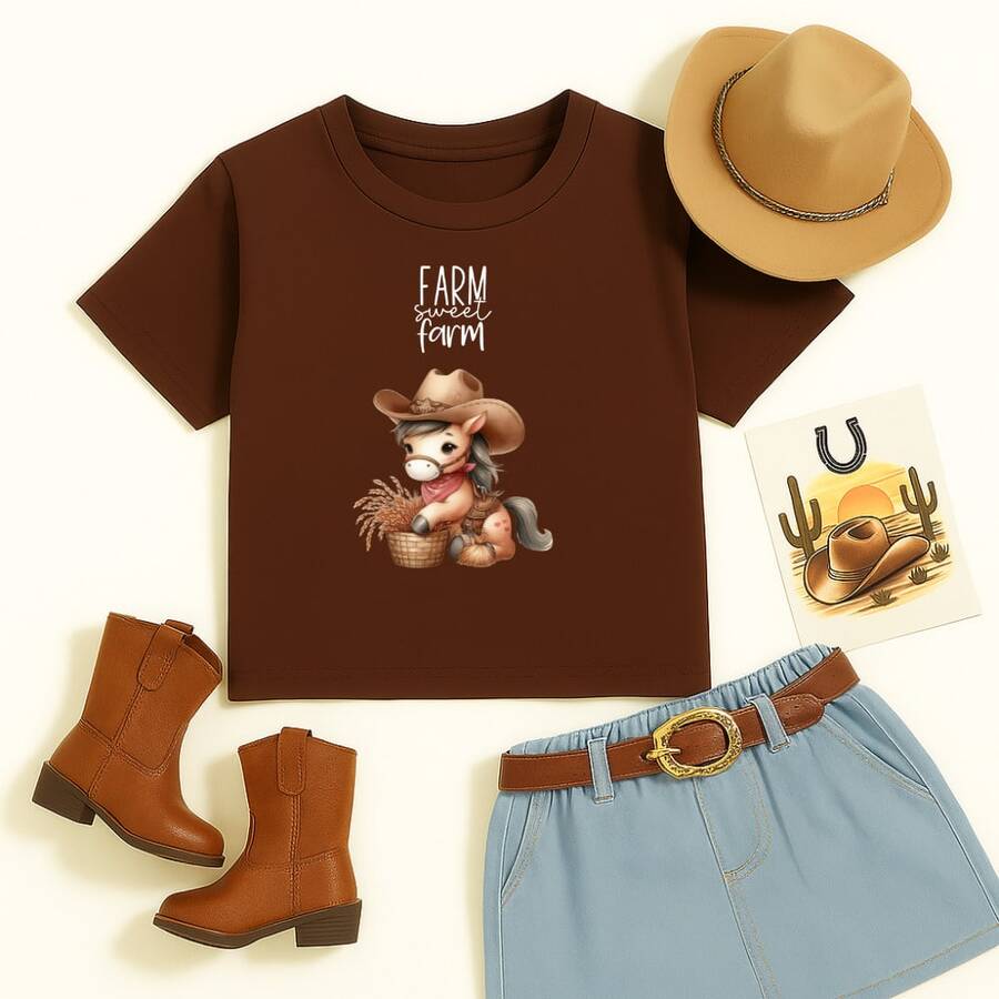 Children's Unisex Cotton T-Shirt With Print, F@Rm Sweet F@Rm 931, Country Style, Farm Animals, Countryside - Óxido marrón - Ver 1