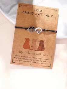 Elegant Minimalist Style Animal Theme Alloy Cat Bracelet, With 8 Heart-Shaped Pendants, Elastic Handmade Braided Rope, Suitable For Women, Daily Wear, Party Accessories, Thanksgiving Gift, All-Season Accessory (Card Not Included) - Style 1 - View 2