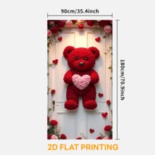 Bandera de puerta 2D, Bandera de puerta de Día de San Valentín con oso de peluche rojo y corazón - Decoración romántica de entrada, Telón de fondo para fiesta interior/exterior - Rojo - Ver 4