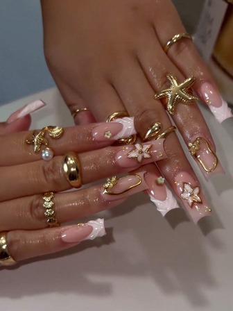 24片长方形3D立体凝胶美甲套装，包含花朵、蝴蝶装饰设计，白色法式亚克力材质，完美贴合，内含：1片果冻凝胶和1把指甲锉。易于佩戴，适合夏季和夏季，可打造法式美甲造型，适合女性日常工作和派对场合。