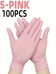 100只粉色无粉一次性丁腈手套，高弹性，加厚防水手套，适用于厨房清洁、染发、宠物护理、美容院和清洁用品（无包装盒）。 - 粉色 - 查看 16