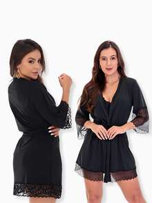 Women's Bridal Robe With Lace – Comfortable Hobby For Pregnant Women, Postpartum Breastfeeding - màu đen - Xem 4