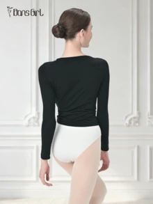 DonsGirl 女士超柔软针织芭蕾舞热身上衣（一件装） - 长袖、高腰、侧扭腰修身设计 - 黑色 - 查看 7